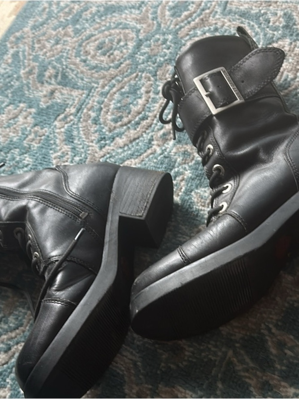 Harley-Davidson Black Leather Lace-Up Ankle Boots with Buckle